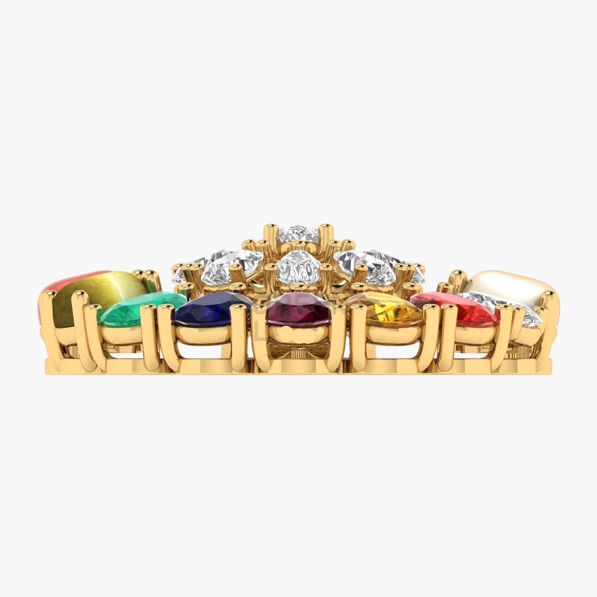 Gold ring with colorful gemstones on a white background