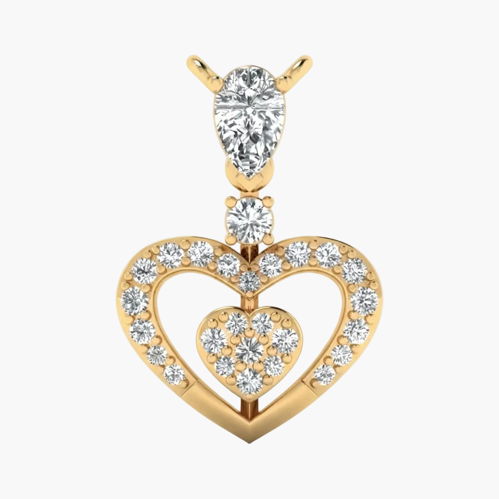 A yellow gold heart-shaped pendant featuring a large pear-cut diamond at the top, a round diamond, and multiple round and oval diamonds set along the heart outline and inner heart, shown on a plain white background.