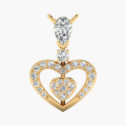 A yellow gold heart-shaped pendant featuring a large pear-cut diamond at the top, a round diamond, and multiple round and oval diamonds set along the heart outline and inner heart, shown on a plain white background.