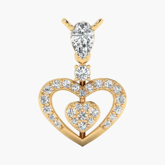 A yellow gold heart-shaped pendant featuring a large pear-cut diamond at the top, a round diamond, and multiple round and oval diamonds set along the heart outline and inner heart, shown on a plain white background.