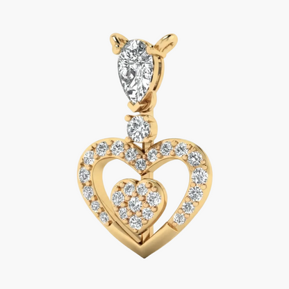 A yellow gold heart pendant featuring a large pear-cut diamond at the top, a smaller round diamond, and a heart-shaped outline and center filled with small round diamonds, set against a plain white background.