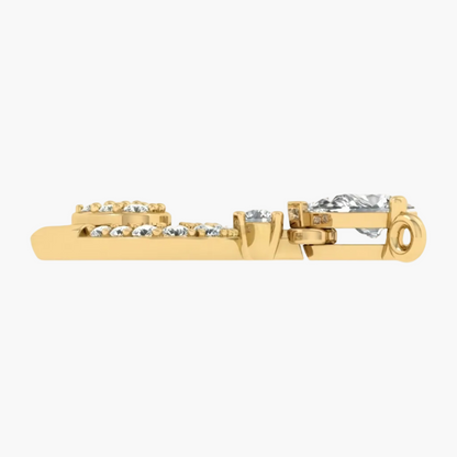 A yellow gold tie bar decorated with small clear gemstones on the front, shown against a plain white background.