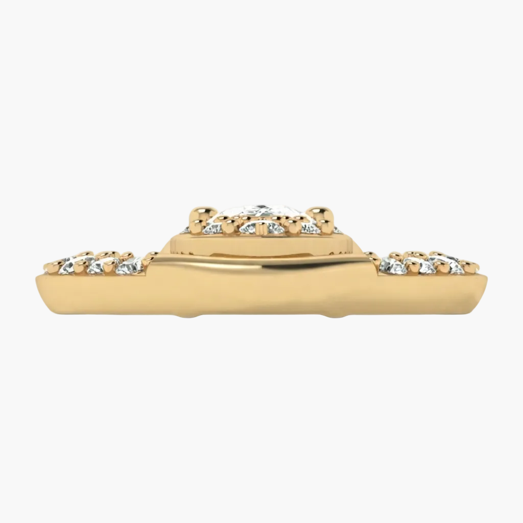 A yellow gold ring setting or band shown from the side, featuring small clear gemstones set along the top and sides, photographed on a clean white background.