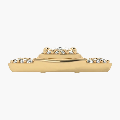 A yellow gold ring setting or band shown from the side, featuring small clear gemstones set along the top and sides, photographed on a clean white background.