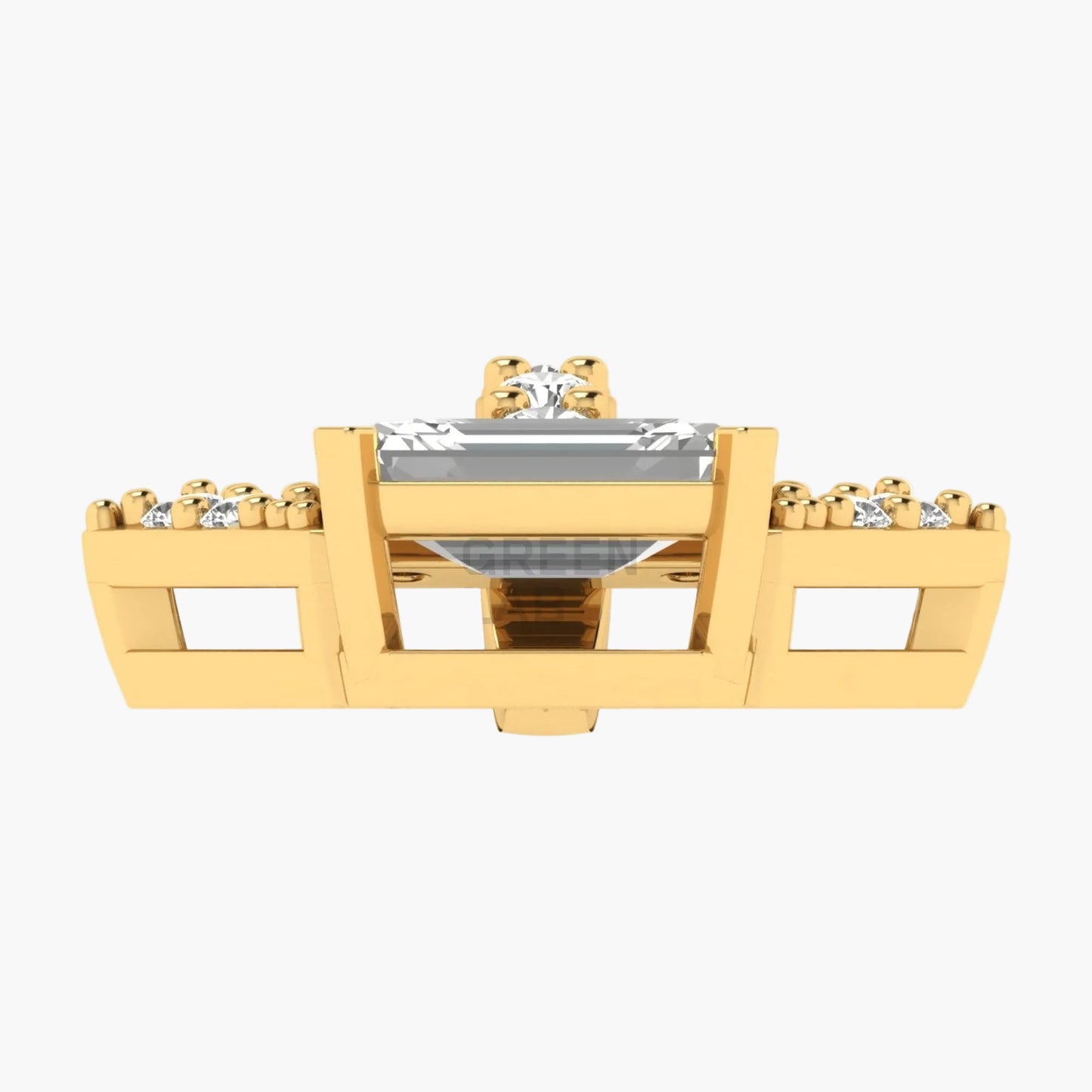 Gold necklace with a rectangular pendant on a white background