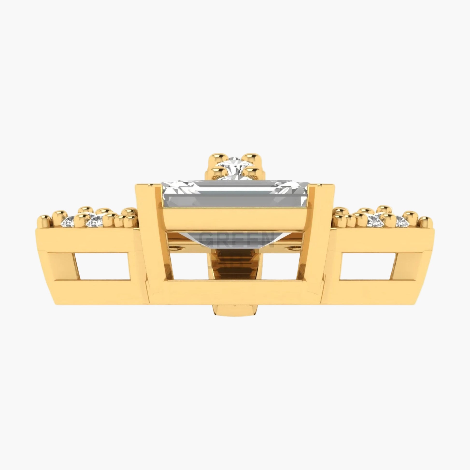 Gold necklace with a rectangular pendant on a white background