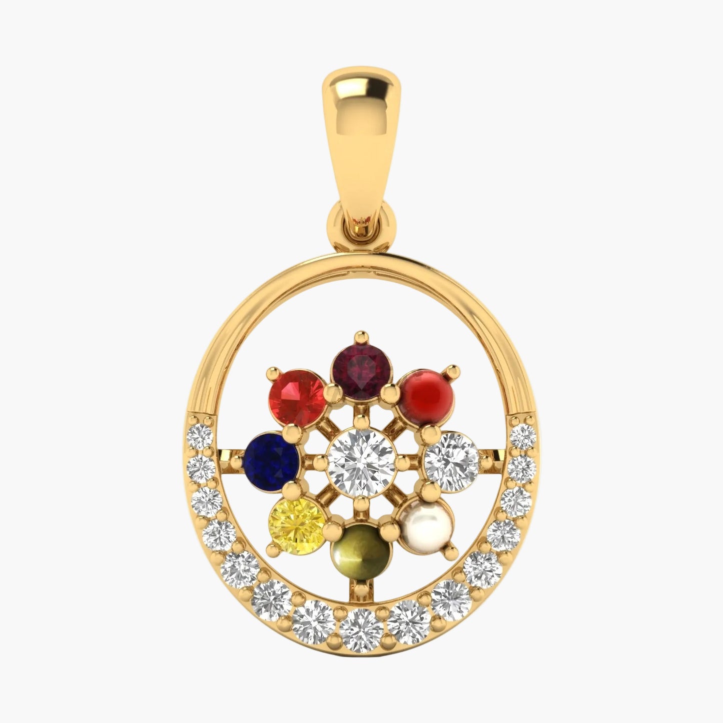 Gold pendant with colorful gemstones and diamonds on a white background