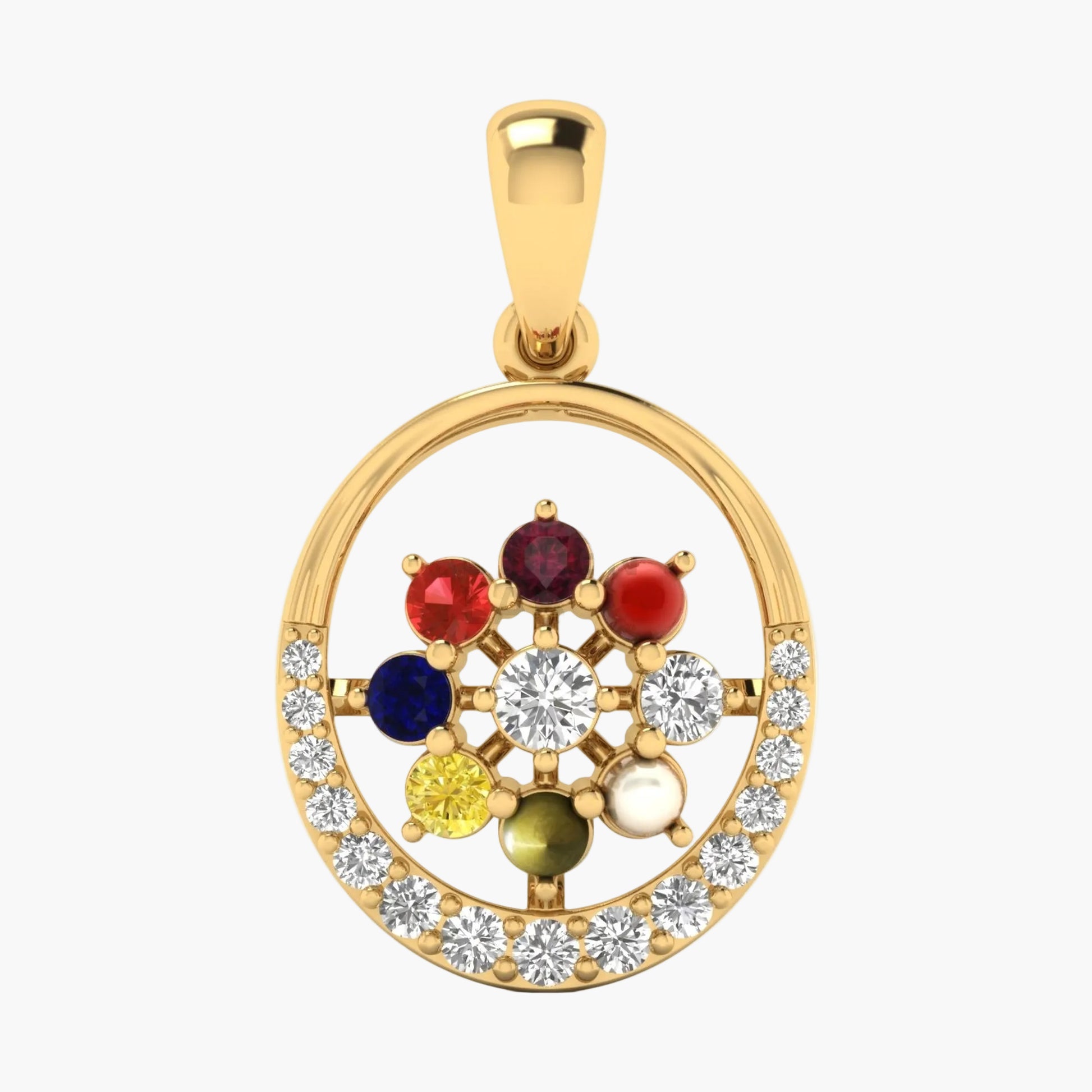 Gold pendant with colorful gemstones and diamonds on a white background