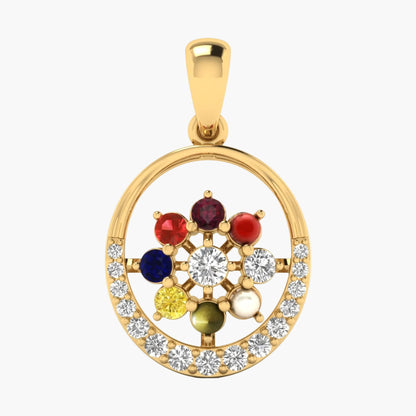 Gold pendant with colorful gemstones and diamonds on a white background