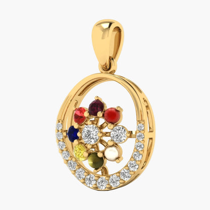 Gold pendant with colorful gemstones on a white background