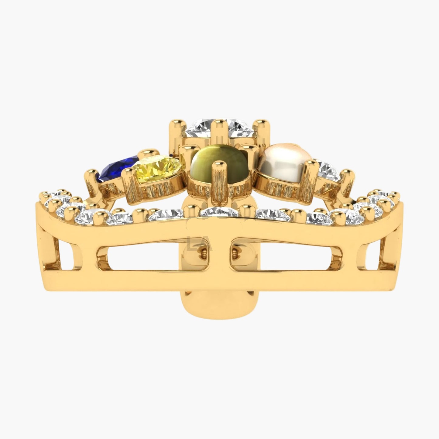 Gold ring with colored gemstones and diamonds on a white background