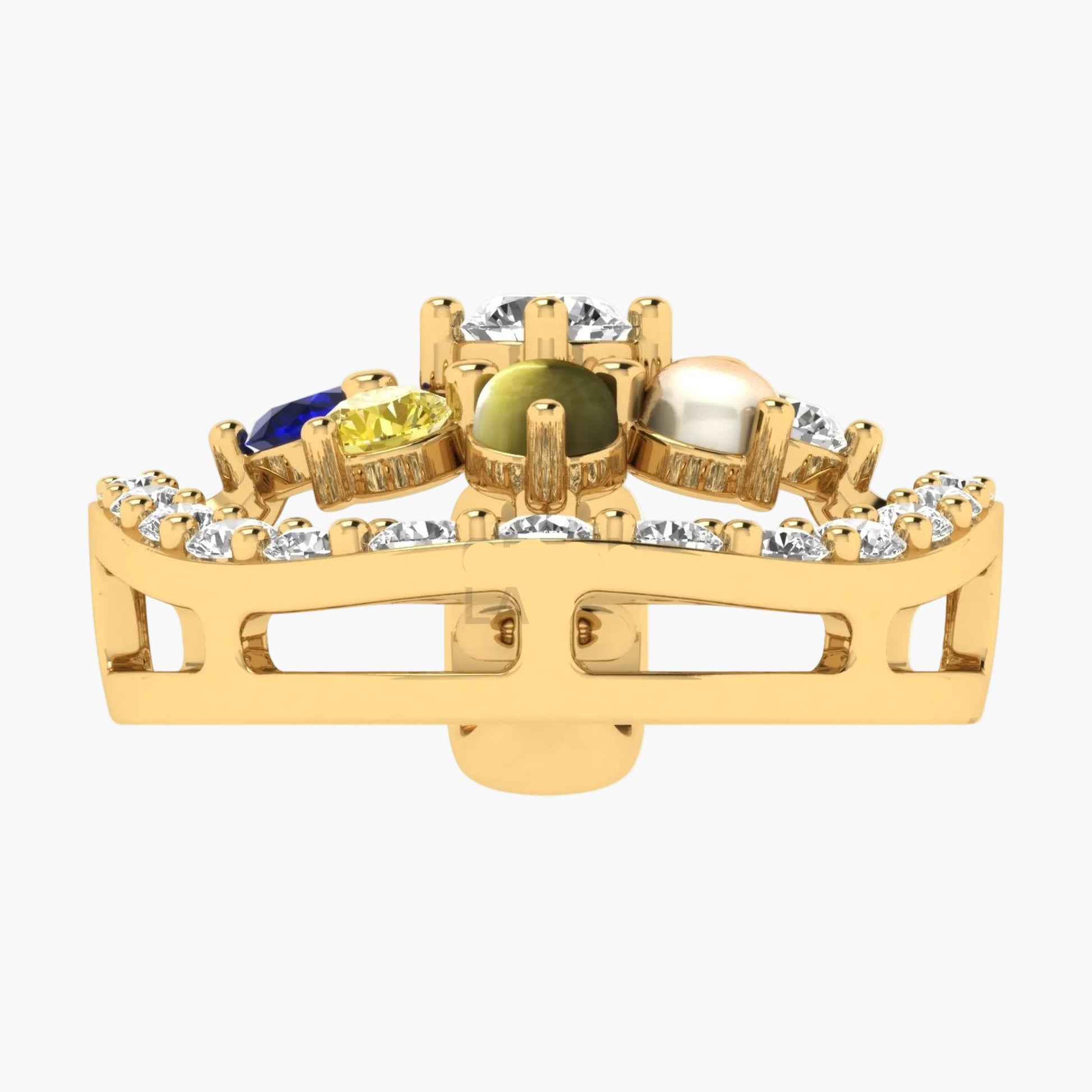 Gold ring with colored gemstones and diamonds on a white background