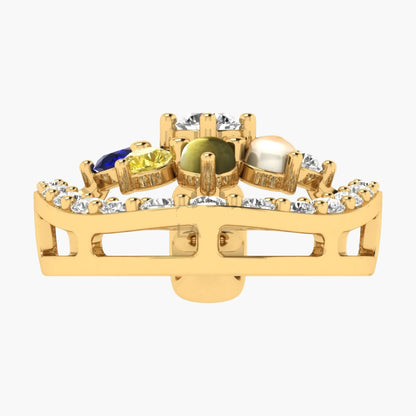 Gold ring with colored gemstones and diamonds on a white background