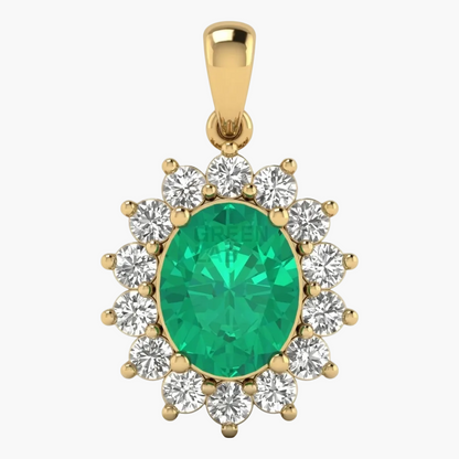 Gold pendant with a green gemstone and clear stones on a white background