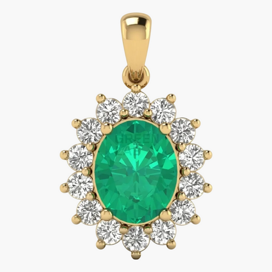 Gold pendant with a green gemstone and clear stones on a white background