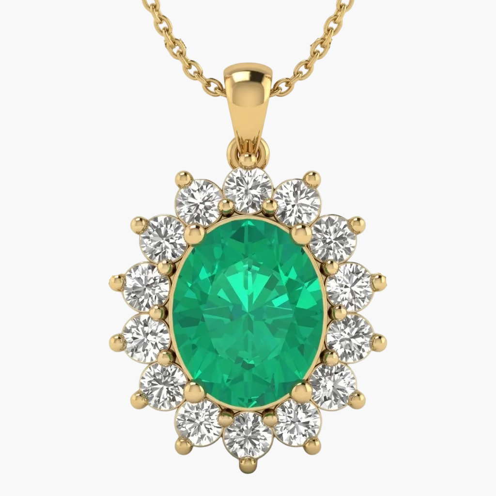 Gold necklace with a green gemstone and diamond-like stones on a white background