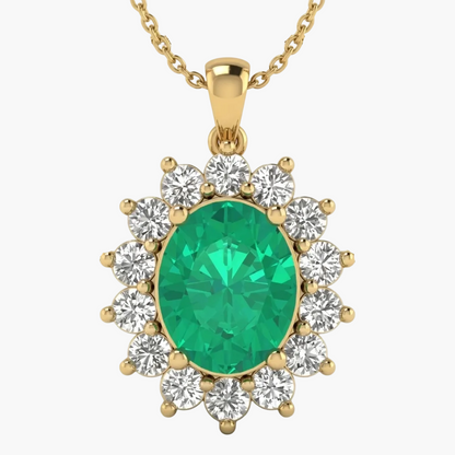Gold necklace with a green gemstone and diamond-like stones on a white background