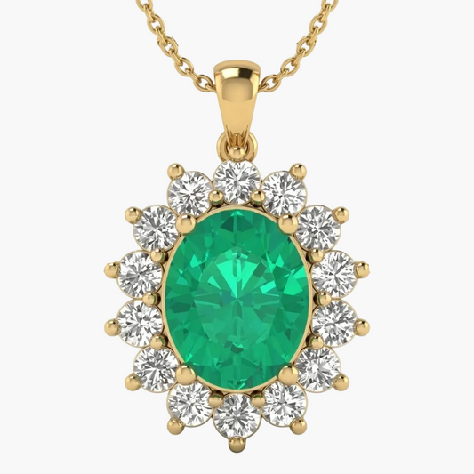 Gold necklace with a green gemstone and diamond-like stones on a white background