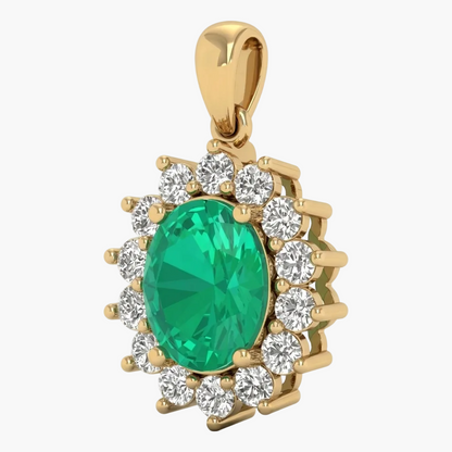 Gold pendant with a green gemstone and diamonds on a white background
