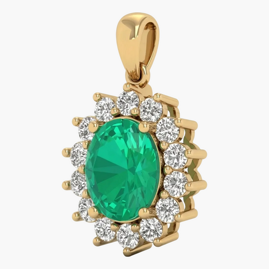 Gold pendant with a green gemstone and diamonds on a white background