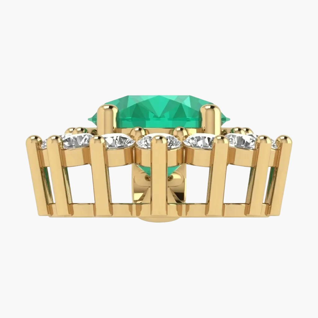 Gold ring with a green gemstone and clear stones on a white background