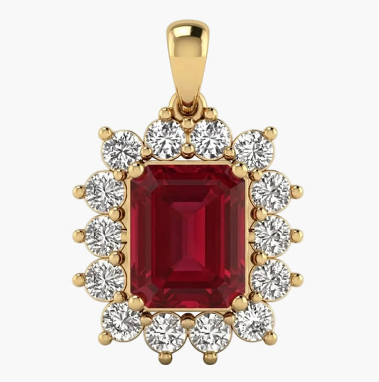 Gold pendant with a red gemstone and smaller diamonds on a white background