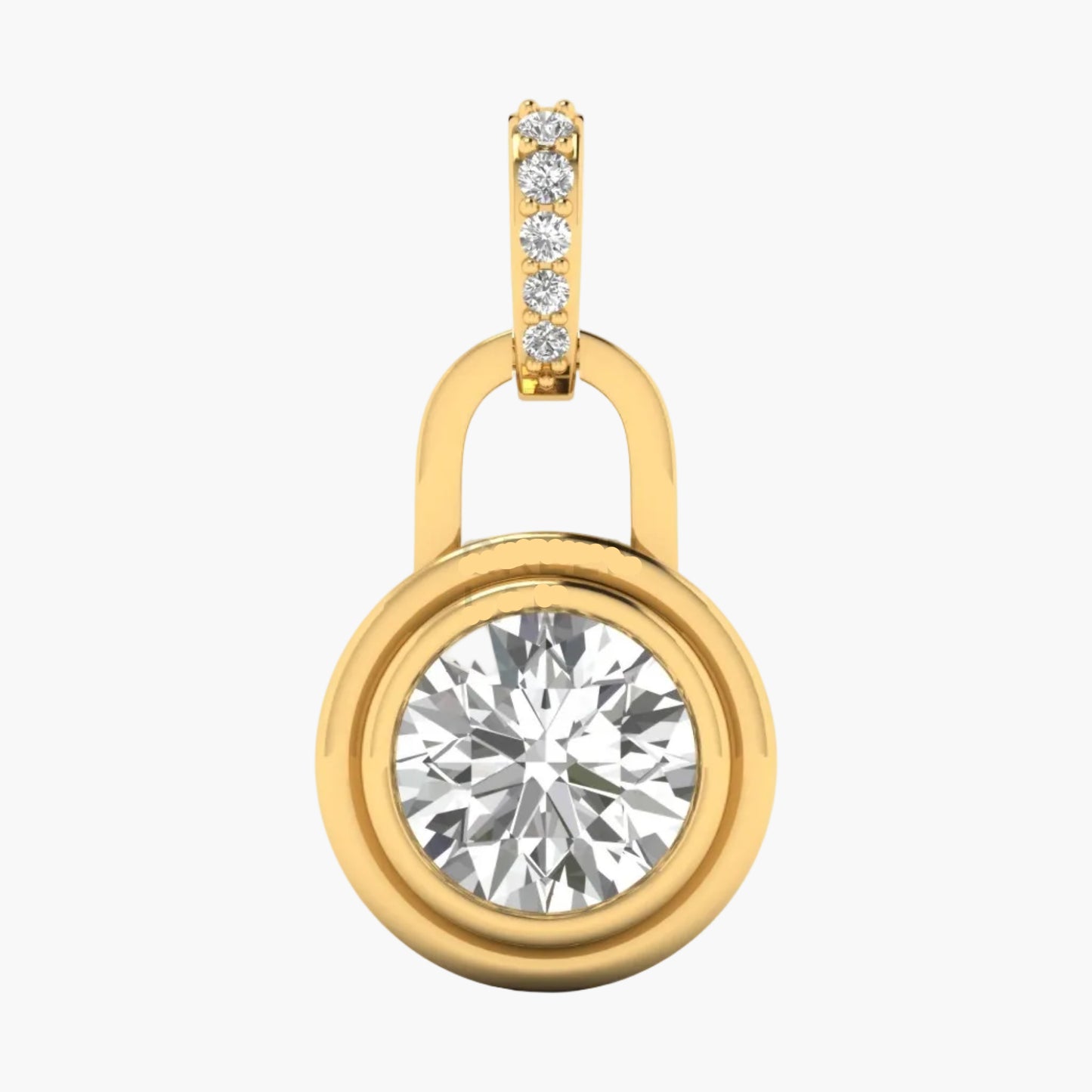 Gold pendant with a large diamond and smaller diamonds on a white background