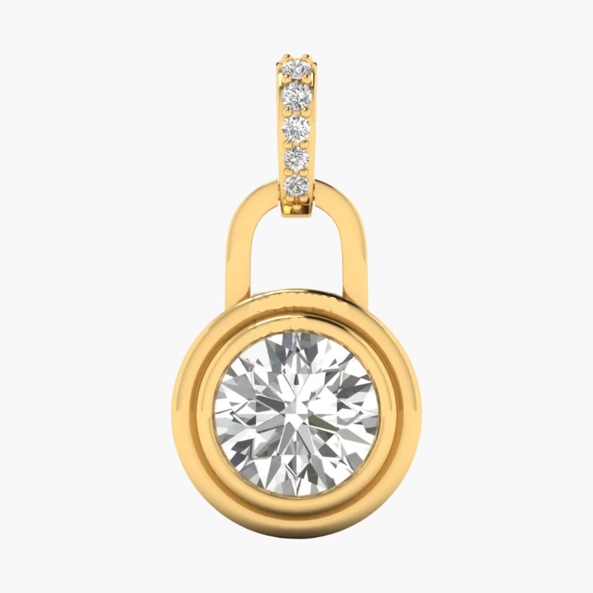 Gold pendant with a large diamond and smaller diamonds on a white background