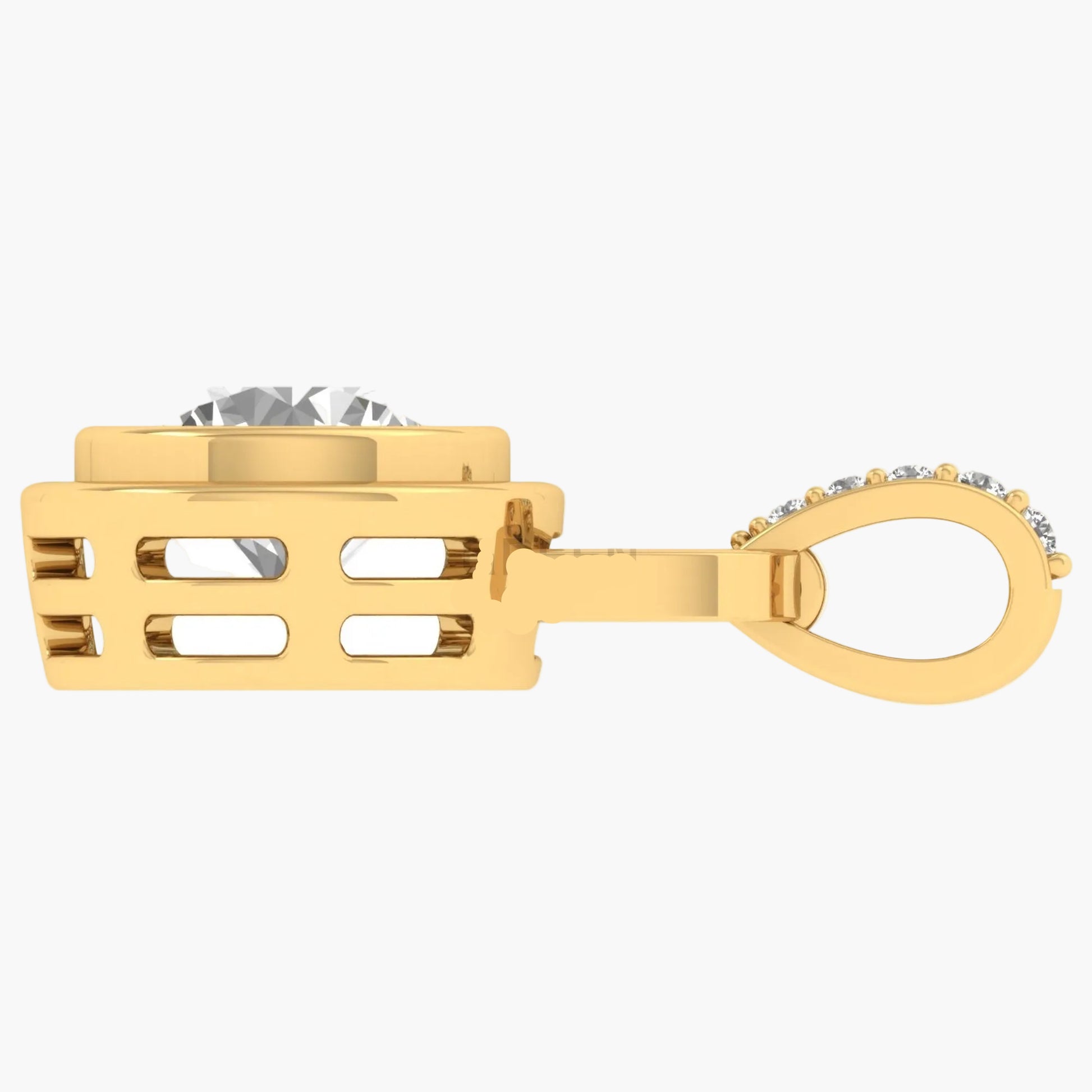 Gold earring with a clear gemstone on a white background