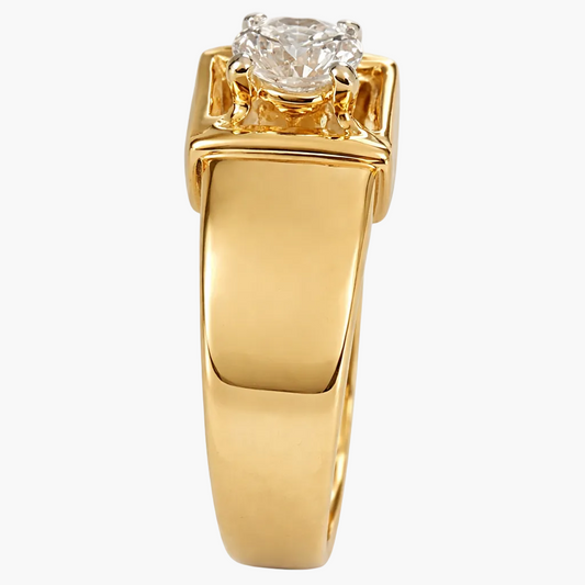 Gold ring with a diamond on a white background