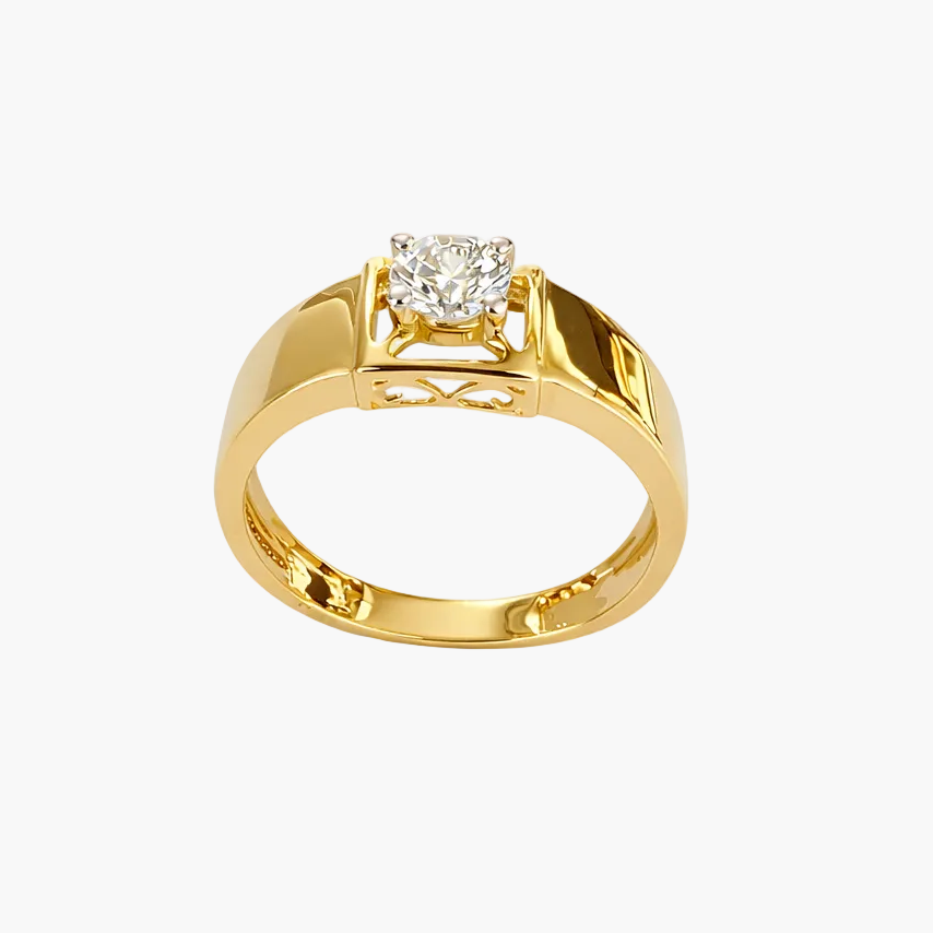 Gold ring with a diamond on a white background