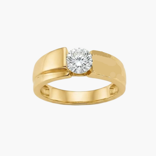 A yellow gold solitaire ring with a round-cut clear gemstone, presented on a clean white background.