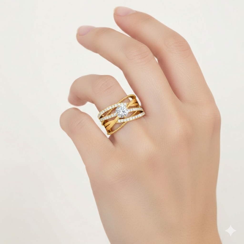 Gold ring with a diamond on a hand against a light background