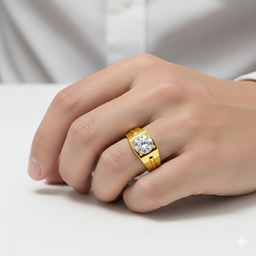 Gold ring with a diamond on a person's finger against a neutral background