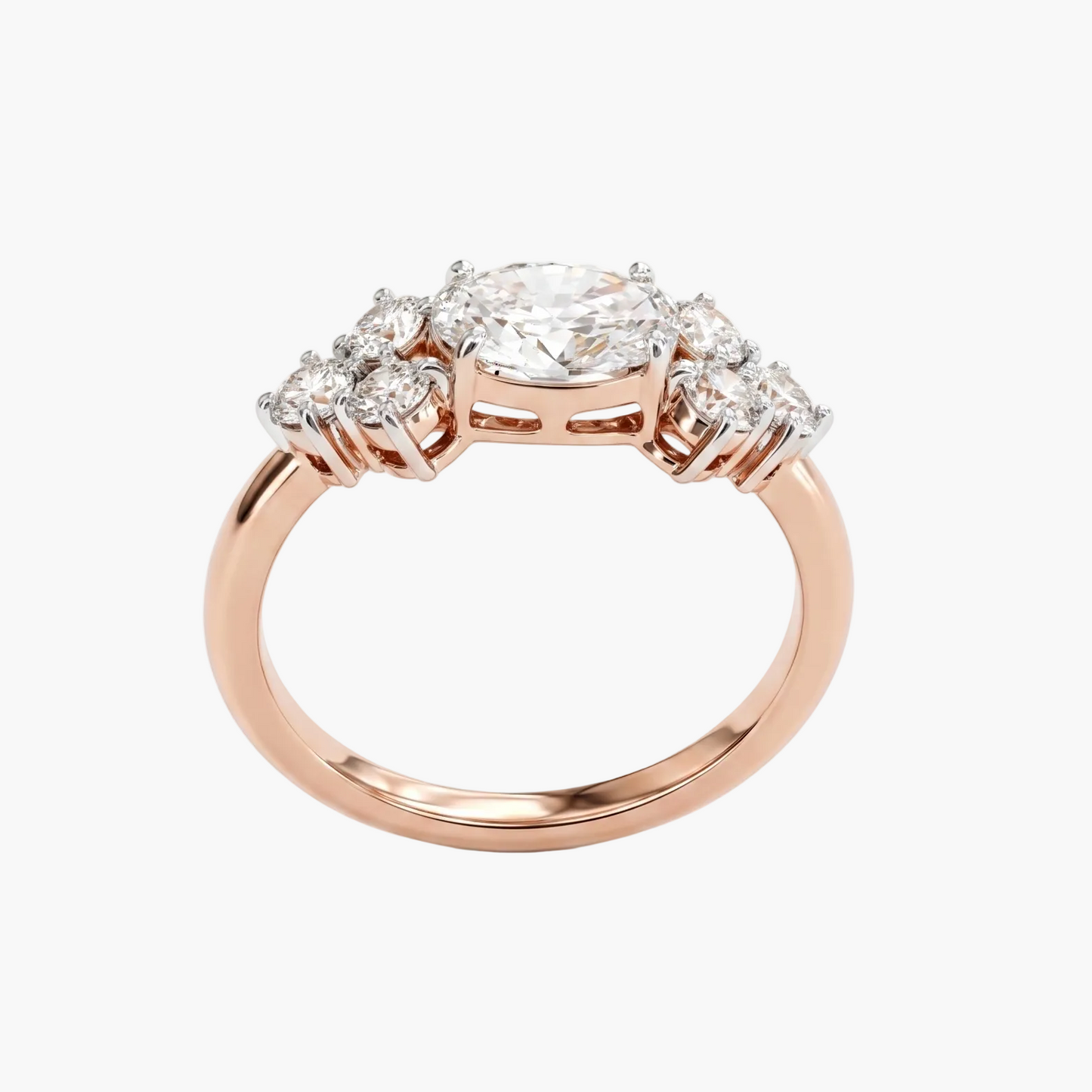 Rose gold ring with a diamond on a white background