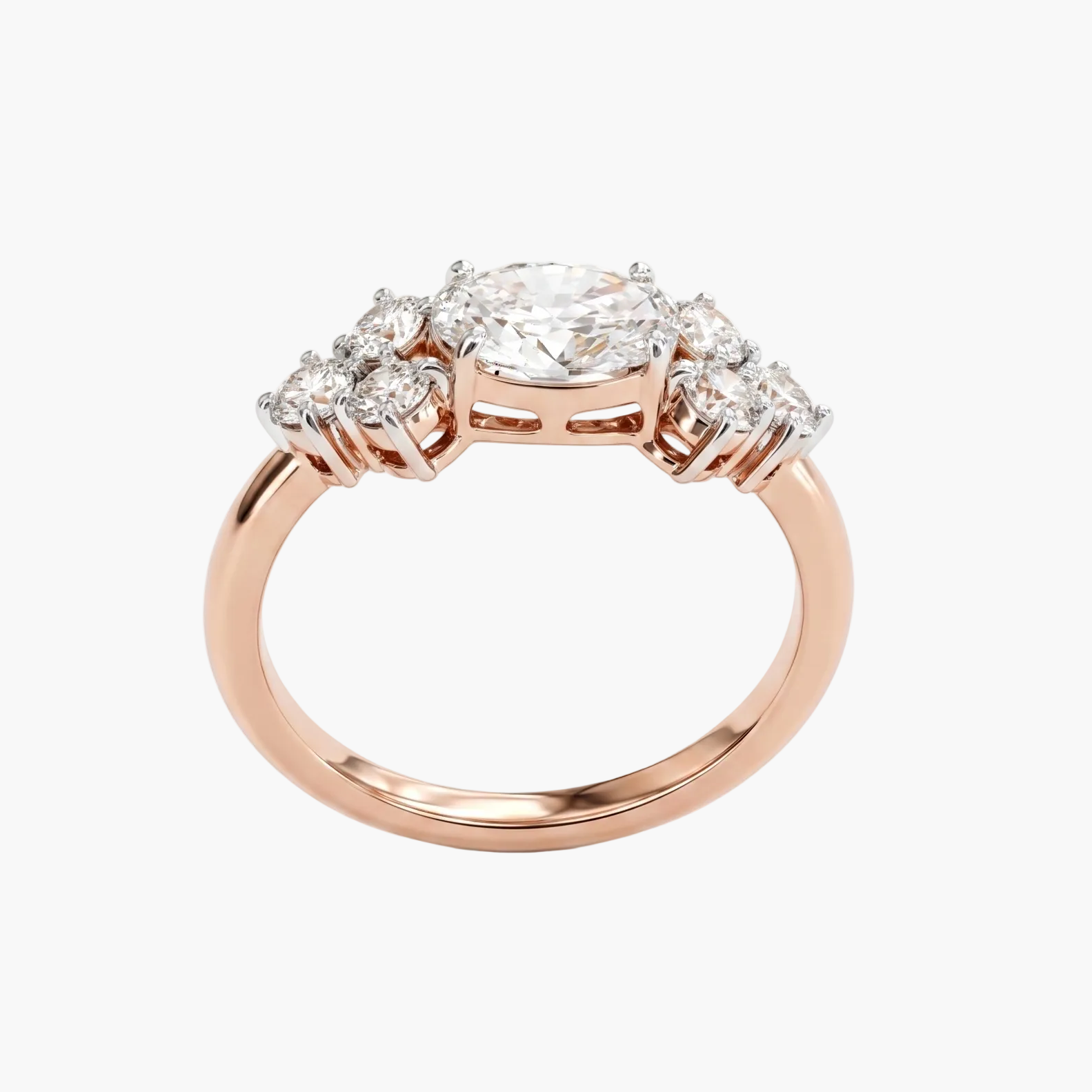 Rose gold ring with a diamond on a white background
