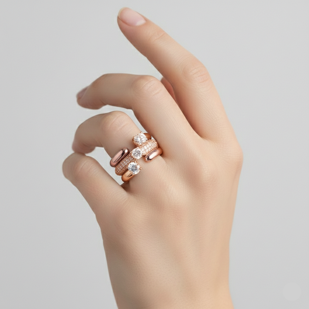 Hand wearing multiple rose gold rings with clear stones on a light gray background