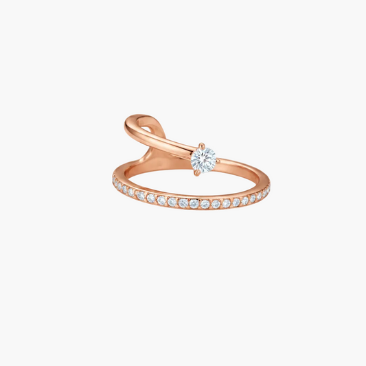 Rose gold ring with a diamond on a white background