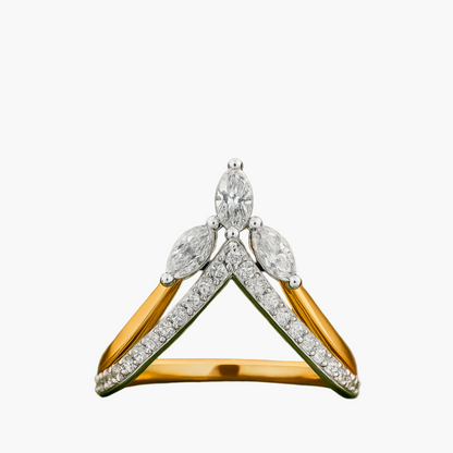 Gold and silver ring with diamond accents on a white background
