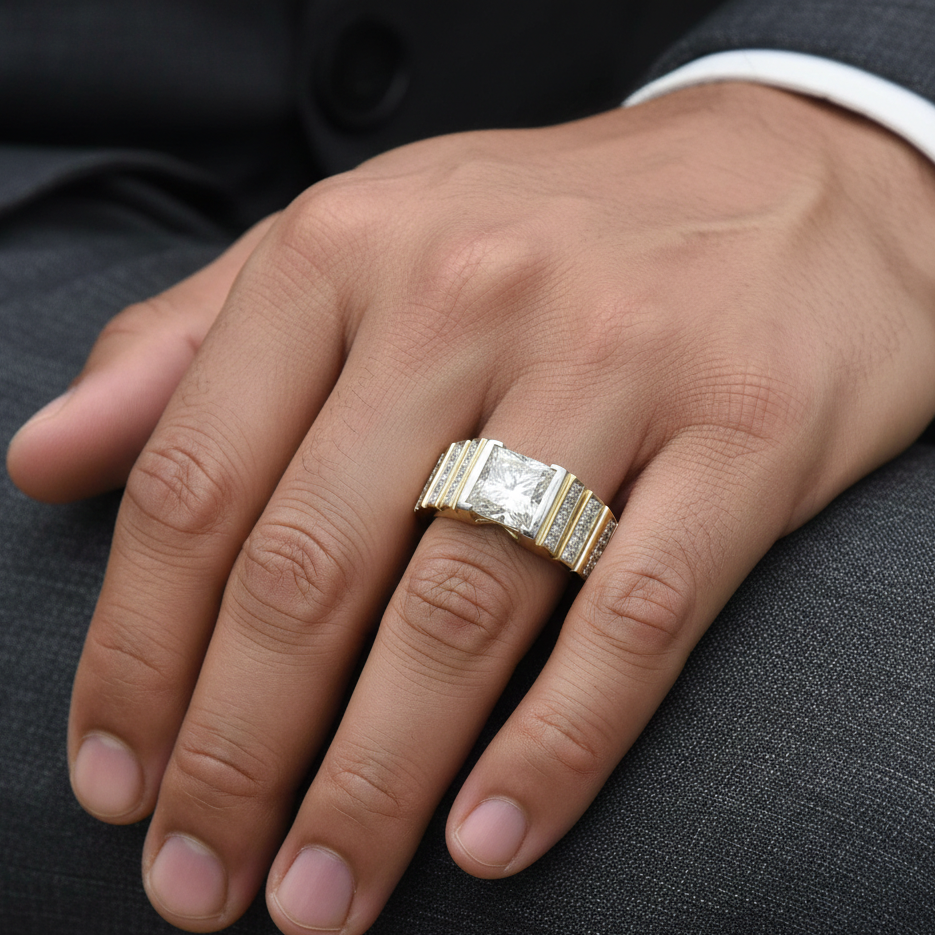 Hand wearing a gold ring with a diamond on a dark fabric background
