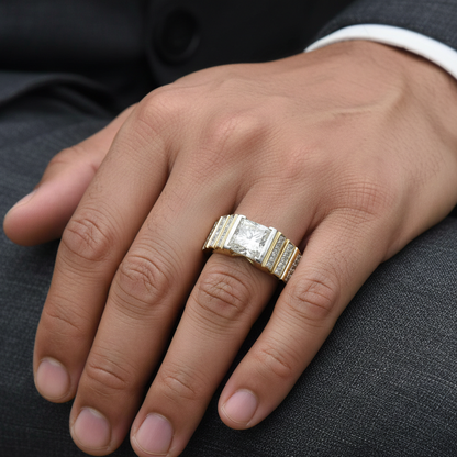 Hand wearing a gold ring with a diamond on a dark fabric background
