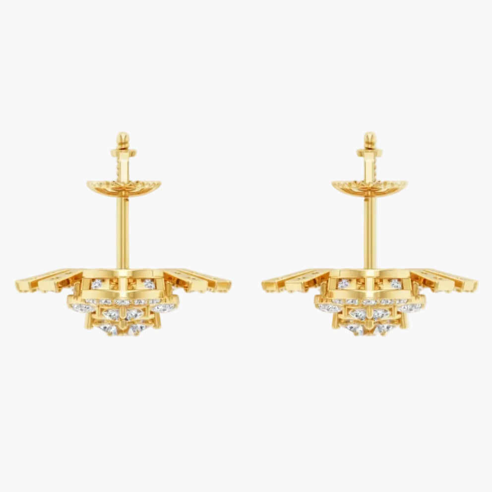 Pair of gold earrings with diamond accents on a white background