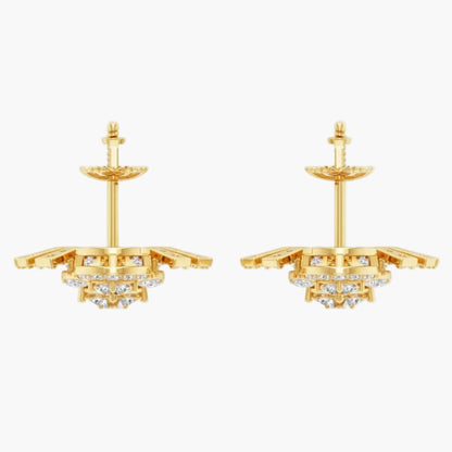 Pair of gold earrings with diamond accents on a white background