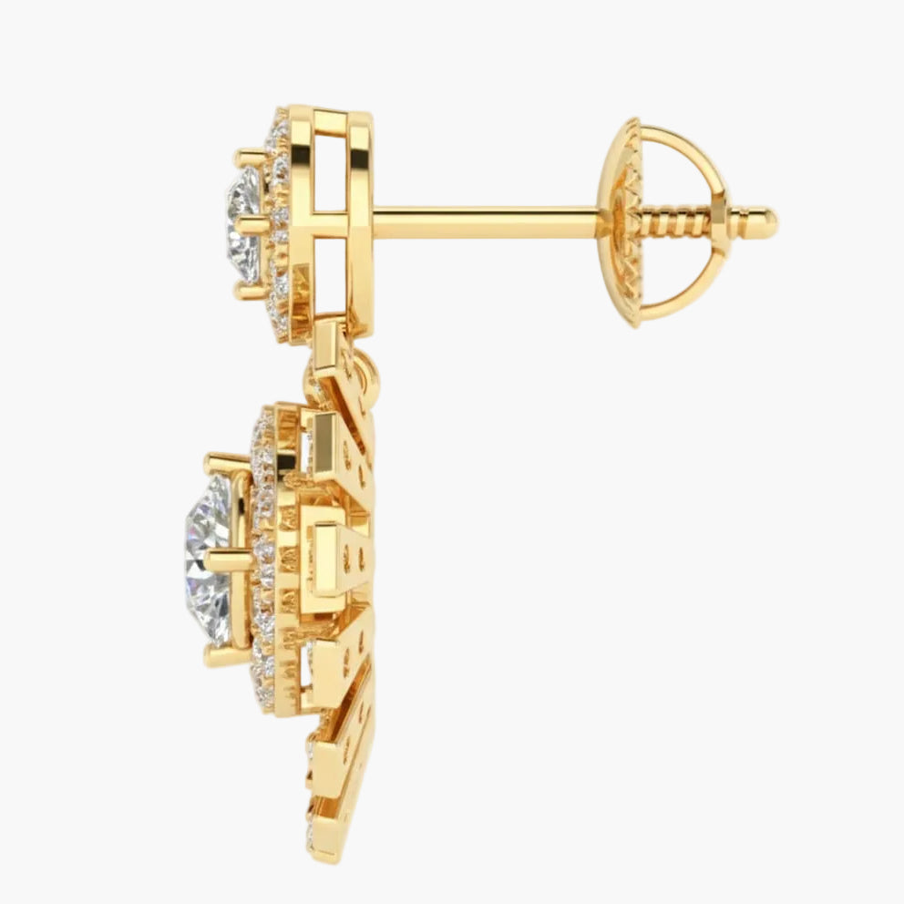 Gold earrings with diamond accents on a white background