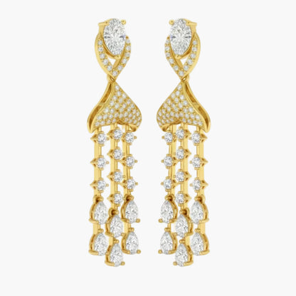 Gold earrings with clear gemstones on a white background