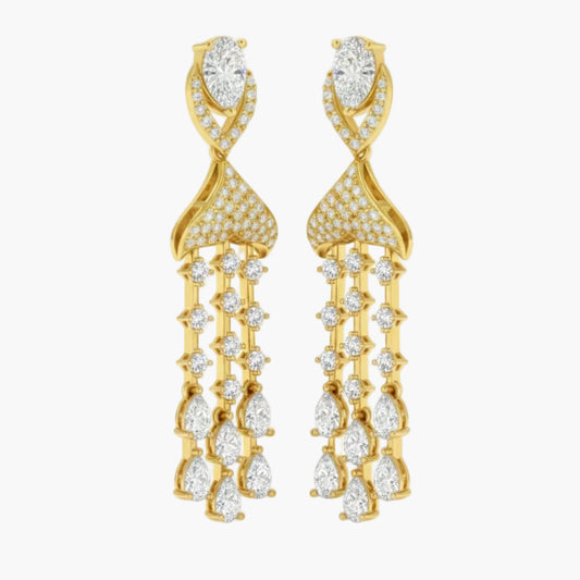 Gold earrings with clear gemstones on a white background