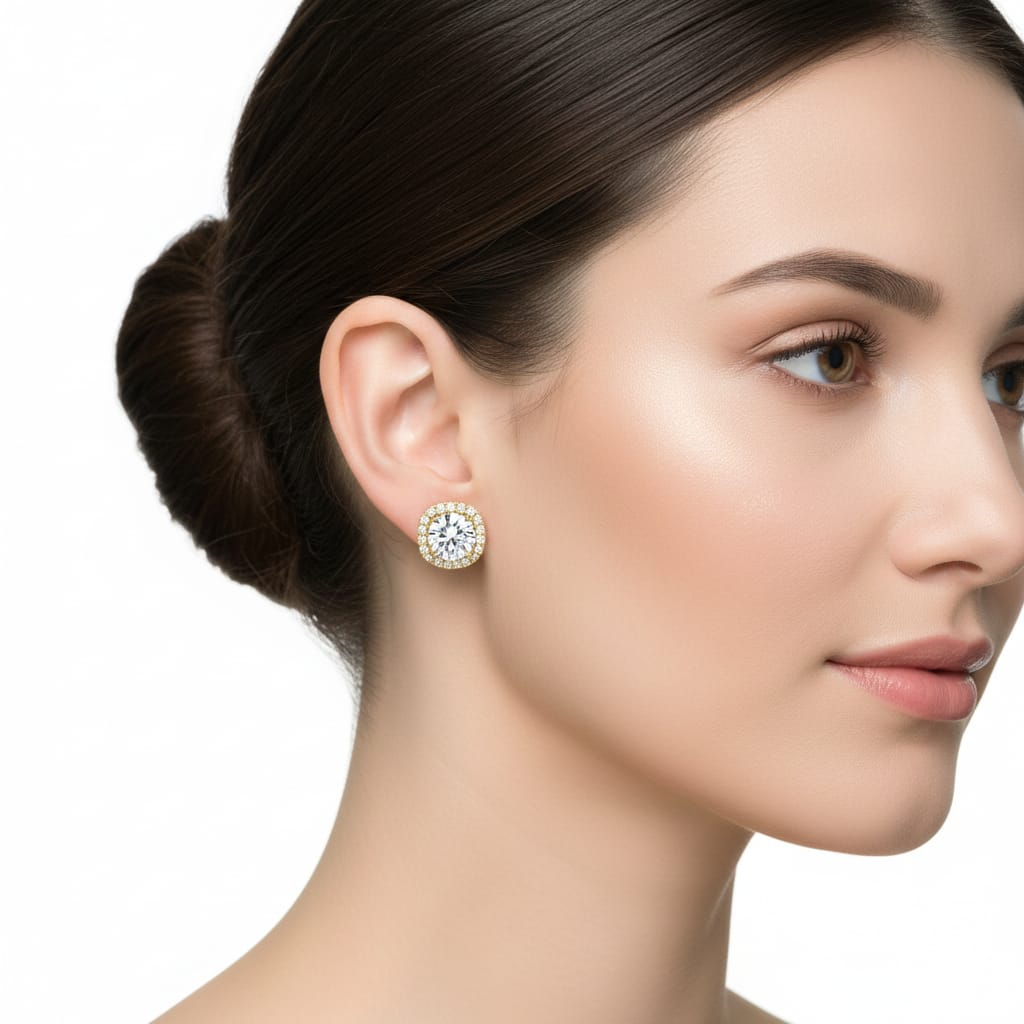 Woman wearing a diamond earring on a white background