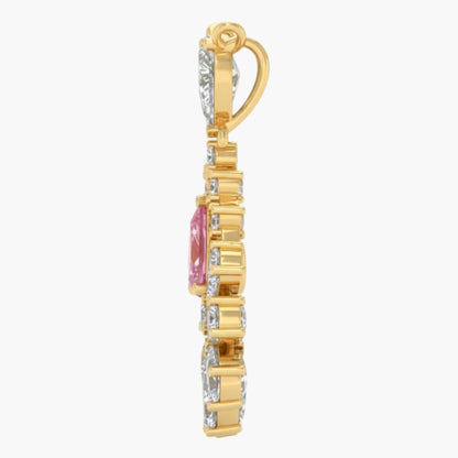 Gold earring with pink gemstone and clear stones on a white background