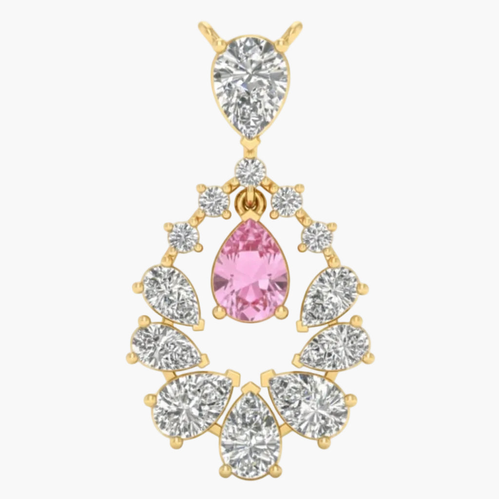 Gold necklace with a pink teardrop pendant and clear gemstones on a white background