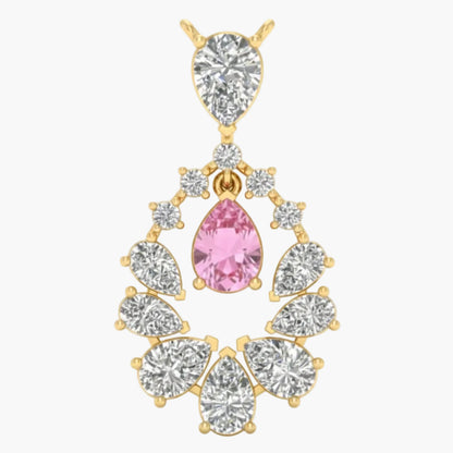 Gold necklace with a pink teardrop pendant and clear gemstones on a white background
